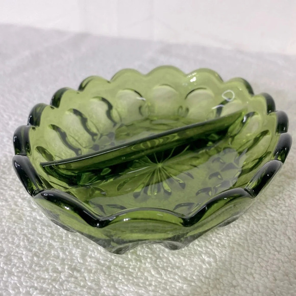 Vintage Indiana Avocado  Green Thumb Print Scalloped Edge Divided Relish Dish - Picture 6 of 14